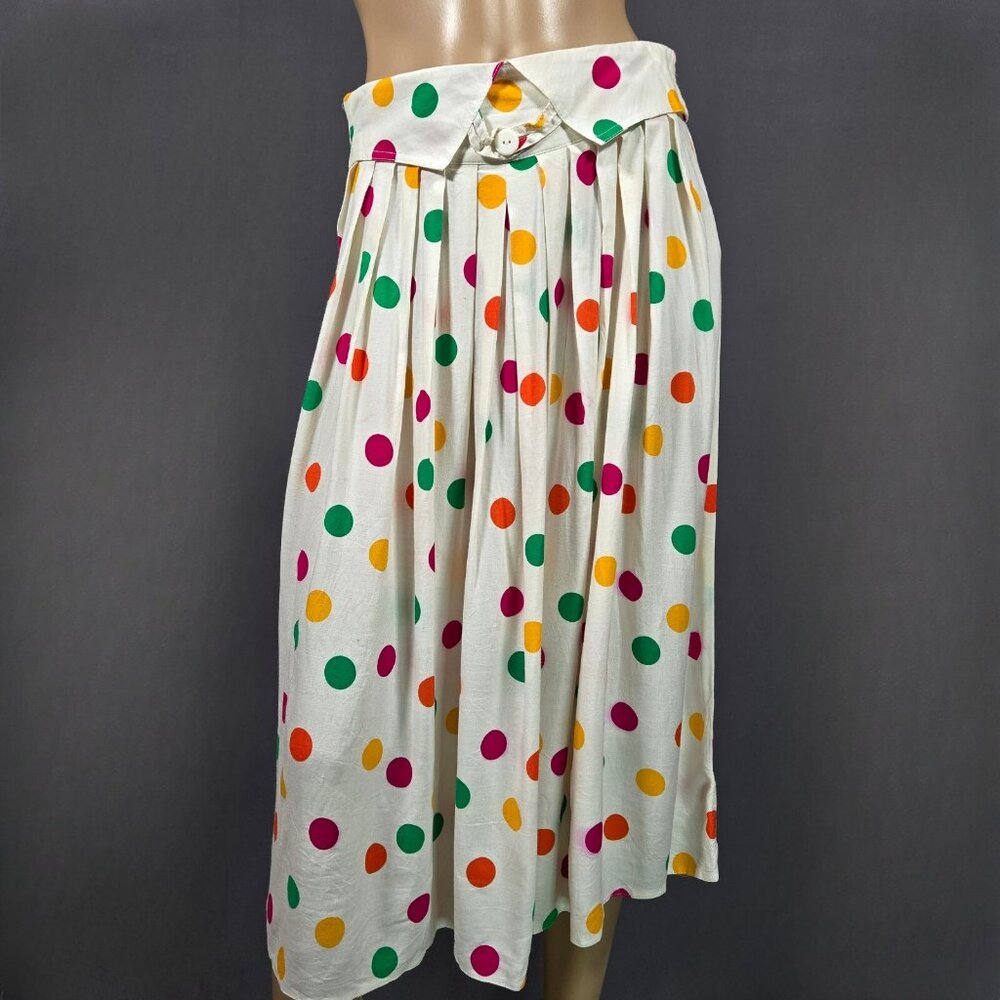 Vintage 80s Polka Dot Midi Swing Skirt Size M White Multicolor New Wave Romantic